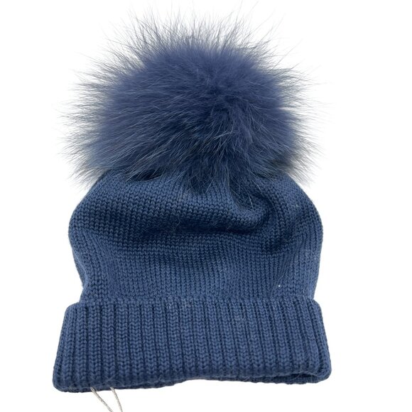 Catya Blue Knit Beanie Fox Fur Pom Made In Italy Warm & Stylish Winter NWT - Picture 2 of 3